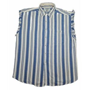 Spitfire Denim Attitude Shirt Mens XL Blue White Stripe Sleeveless Frayed Cutoff
